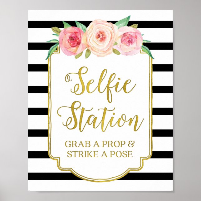 Pôster Placa de Estação de Selfie Rosa Floral Dourado Lis (Frente)