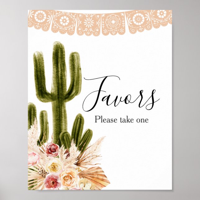Poster Placa de Favor de Cactus Boho Flores Rosa Grama Pa (Frente)