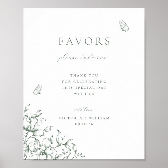 Poster Placa de Favor de Casamento Floral Verde Sálvia (Frente)