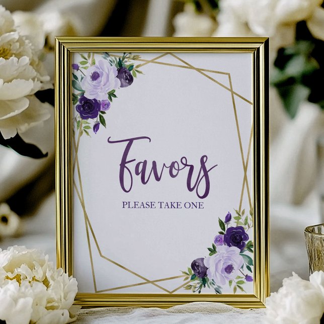 Poster Placa de Favor Floral em Aquarela Dourado Roxo (Criador carregado)
