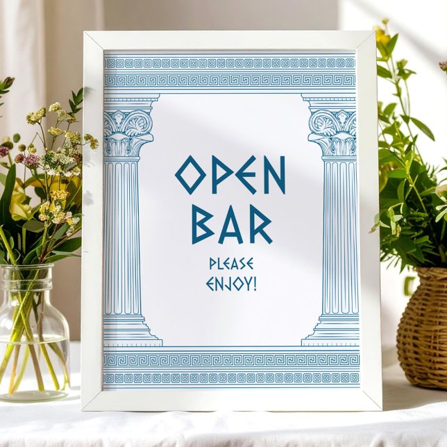 Poster Placa de festa Blue Open Bar com templo elegante (Criador carregado)