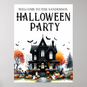 Poster Placa de Festa de Halloween em Casa Assombrada
