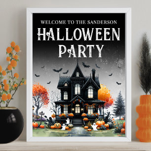 Poster Placa de Festa de Halloween em Casa Assombrada