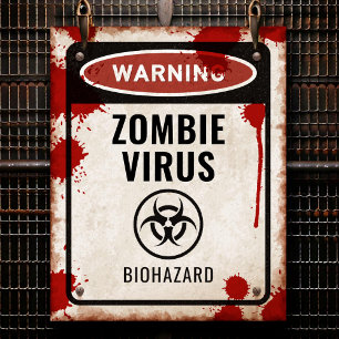 Poster Placa de festa de zumbi com sangue e risco biológi