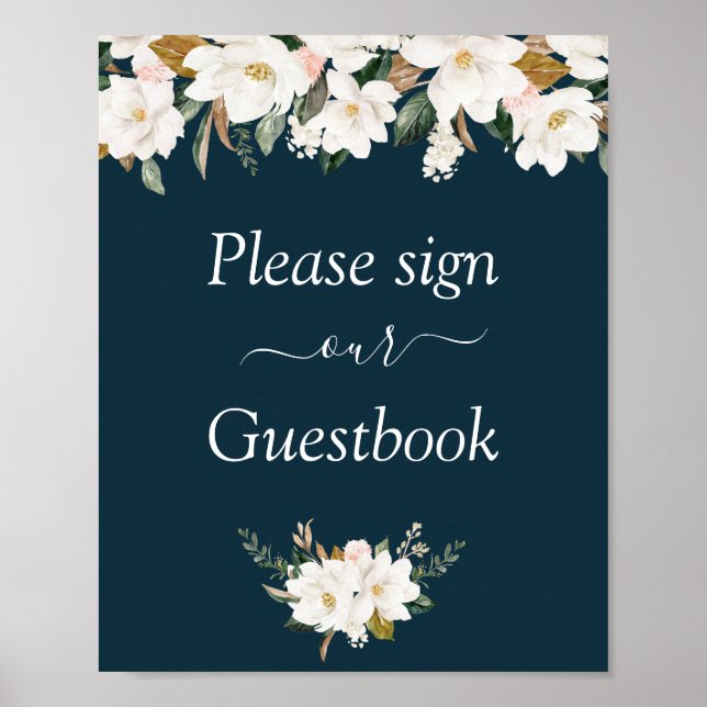Poster placa de giz de casamento floral magnolia (Frente)