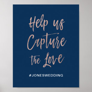 Poster Placa de hashtag de casamento glamoroso em azul ma