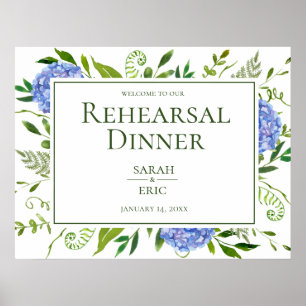 Poster Placa de Jantar de Ensaio Floral de Hortênsias Azu