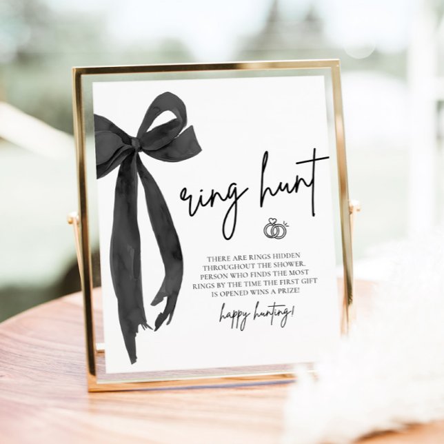 Poster Placa de Jogo de Caça ao Anel de Noivado Moderno P (Modern Black Bow Ring Hunt Bridal Shower Game Sign)