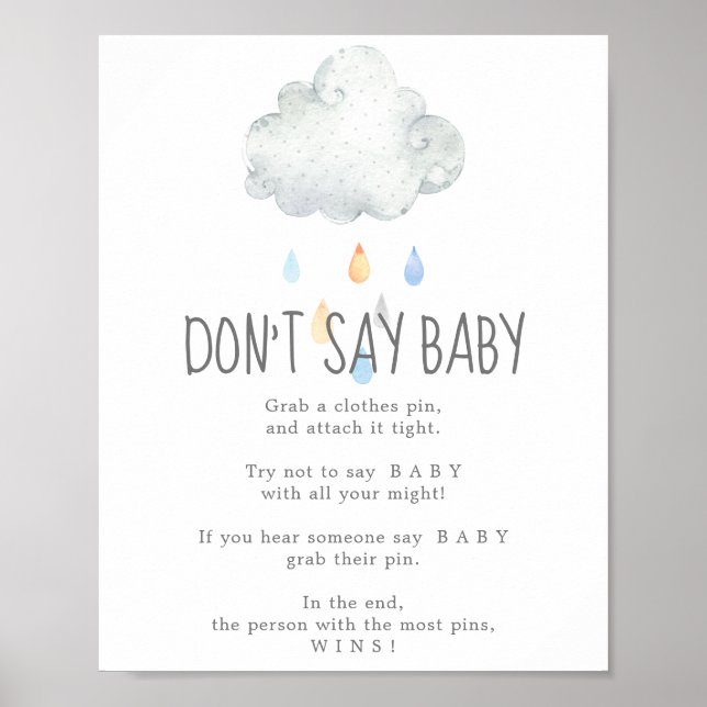 Poster Placa de Jogo Menino Nuvem de Chuva Não Diga Bebê (Frente)