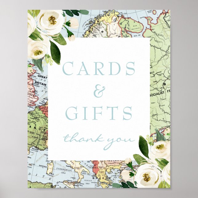 Poster Placa de Mapa Floral Tema Viagens Presentes e Cart (Frente)