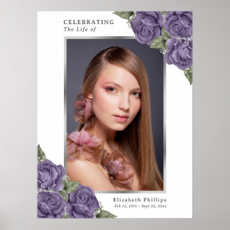Poster Placa de memorial fúnebre com foto em prata roxa