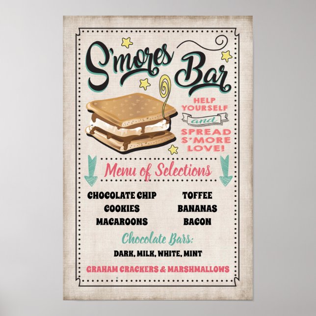 Poster Placa de Menu de Barra de S'mores para Festa (Frente)