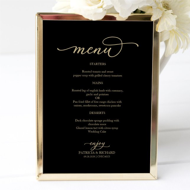Poster Placa de Menu de Casamento Preto com Letra Dourada (Criador carregado)