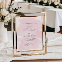 Placa de Menu Dourado com Aquarela Rosa