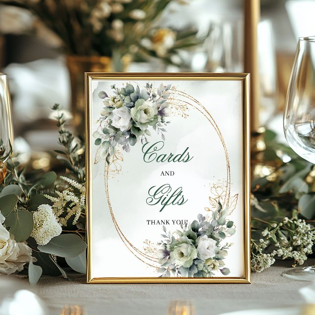 Poster Placa de Mesa Cartões e Presentes Aquarela Dourada (Green Gold Watercolor Cards And Gifts Table Sign)