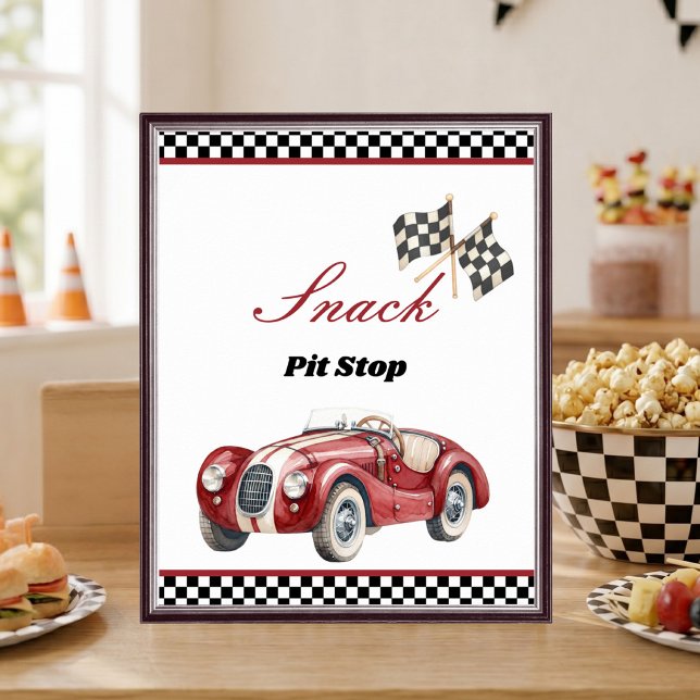 Poster Placa de Mesa de Aniversário de 1 Ano do Carro de  (Snack Pit Stop Race Car 1st Birthday Table Sign)
