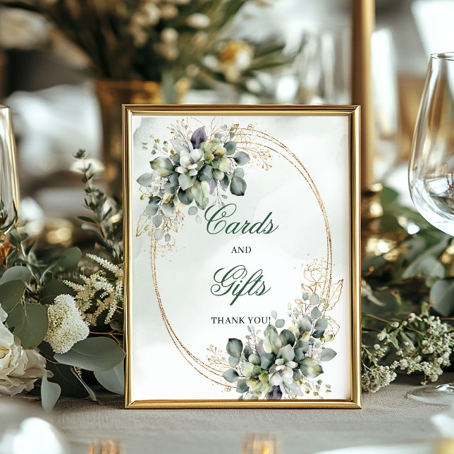 Poster Placa de mesa de cartões e presentes com folhagem  (Green White Foliage Cards And Gifts Table Sign)