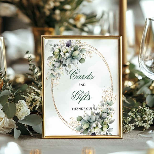 Poster Placa de Mesa de Cartões e Presentes em Aquarela V (Dusty Green Watercolor Cards And Gifts Table Sign)