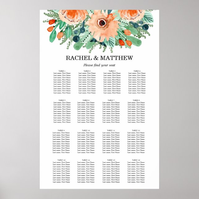 Poster Placa de Mesa Peach Floral Wedding 16 (Frente)