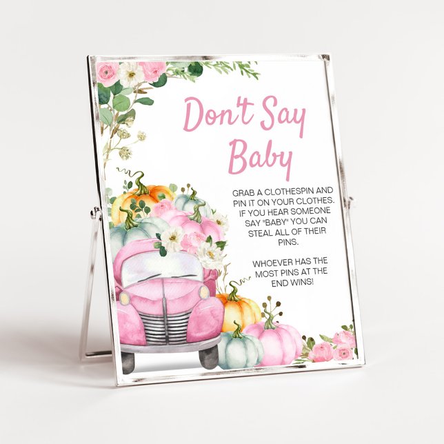 Poster Placa de Não Diga Bebê Caminhão Rosa Abóbora de Ou (Little Pumpkin Pink Truck Baby Shower Don't Say Baby Sign)