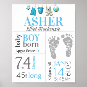 Poster Placa de Nascimento de Menino Bebê Azul com Pegada