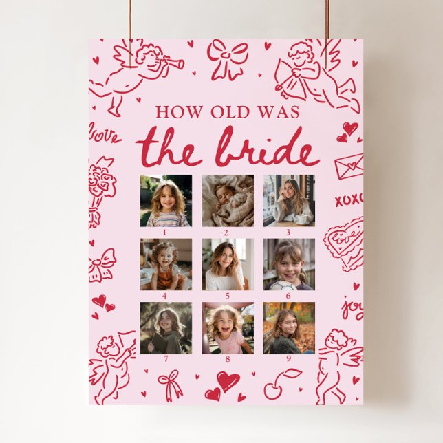 Poster Placa de Noiva Moderna Rosa Desenhada à Mão Quanto (Modern Pink Hand Drawn How Old Was The Bride Sign)
