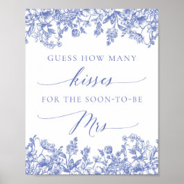 Poster Placa de Noivado Blue Floral Guess How Many Kisses