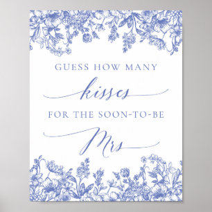 Poster Placa de Noivado Blue Floral Guess How Many Kisses