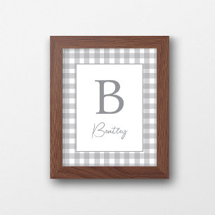 Poster Placa de Nome de Berçário em Xadrez Gingham Cinza