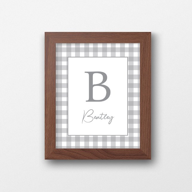 Poster Placa de Nome de Berçário em Xadrez Gingham Cinza (Criador carregado)
