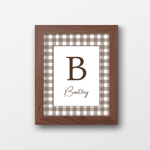 Poster Placa de Nome de Berçário Xadrez Gingham Marrom e