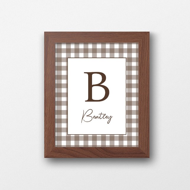 Poster Placa de Nome de Berçário Xadrez Gingham Marrom e  (Criador carregado)
