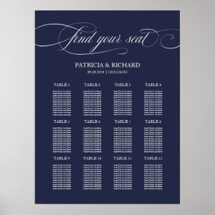 Poster Placa de Plano de Assentos de Casamento Azul Marin