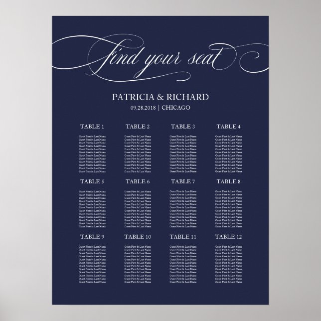 Poster Placa de Plano de Assentos de Casamento Azul Marin (Frente)