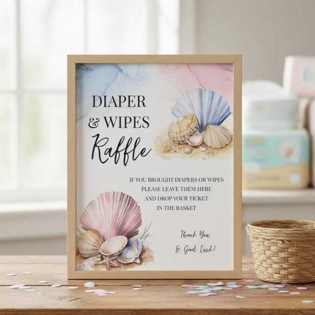Poster Placa de rifa de fraldas e toalhetes para tema de  (Diaper & Wipes raffle poster from Coastal Gender Reveal - We Shell Sea collection by Darling & May)