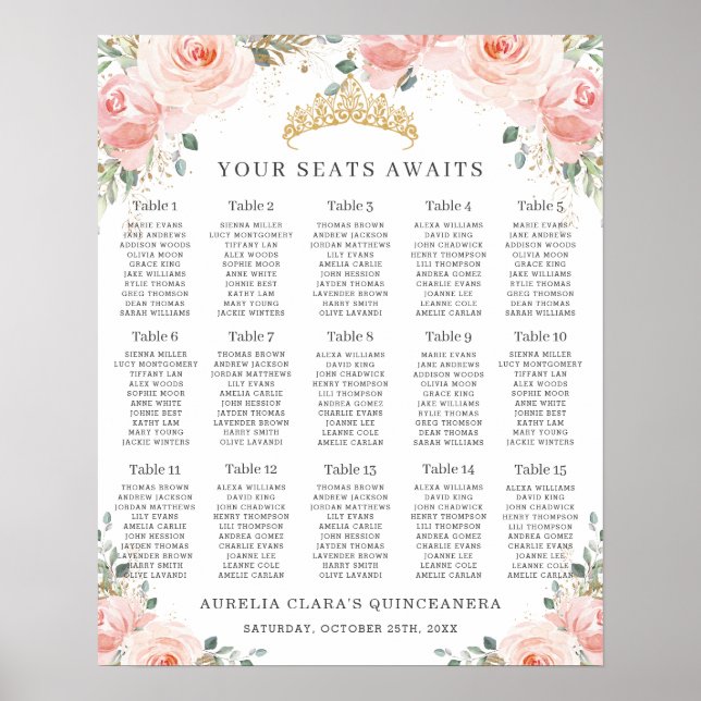 Poster Placa Dourada Floral Cor-de-Rosa Blush Quinceañera (Frente)