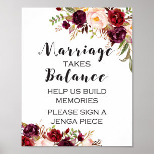 Poster Placa Floral Boho Borgonha - Casamento Requer Equi