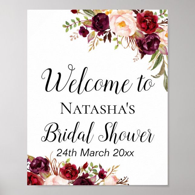 Poster Placa Floral Boho Borgonha - Placa de Boas-Vindas (Frente)