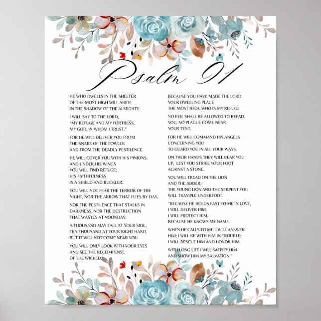 Poster Placa Floral de Escritura de Bíblia Psalm 91 (Frente)