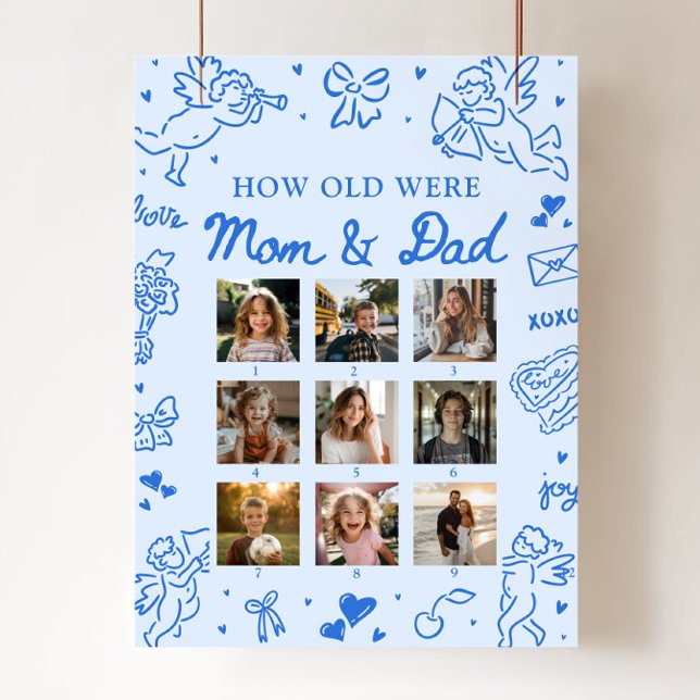 Poster Placa Moderna Desenhada à Mão em Azul Quantos Anos (Modern Blue Hand Drawn How Old Were Mom & Dad Sign)