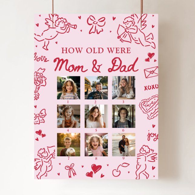 Poster Placa Moderna Rosa Desenhada à Mão Quantos Anos Ti (Modern Pink Hand Drawn How Old Were Mom & Dad Sign)
