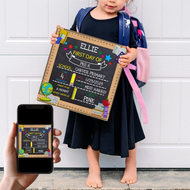 Poster Placa para preencher do primeiro dia do pré-escola (Customized Sign for First Day of Preschool
)
