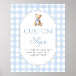 Poster Placa personalizada do urso xadrez azul