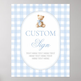 Poster Placa personalizada do urso xadrez azul