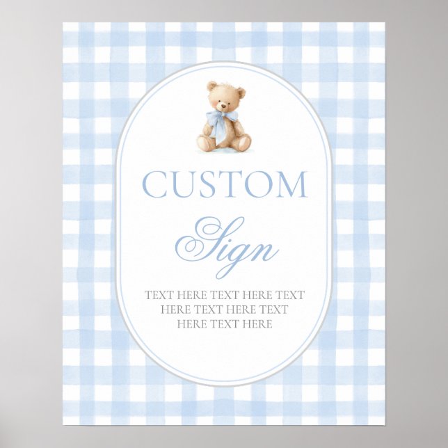 Poster Placa personalizada do urso xadrez azul (Frente)