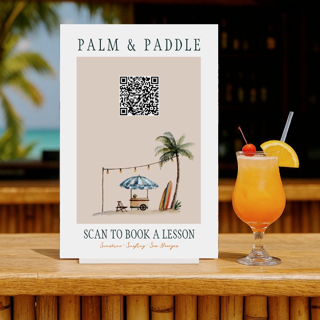 Poster Placa QR de Aula de Surf com Aquarela (Criador carregado)