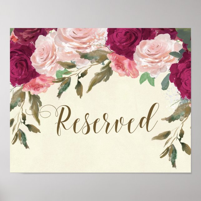 Poster placa reservada para casamento floral rosa burgund (Frente)