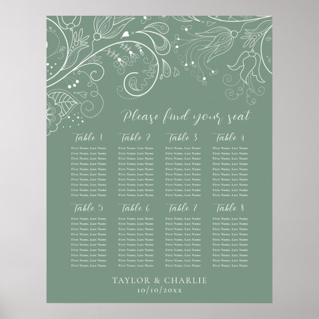 Poster Placa Sage Green Floral Weding 8 Mesas (Frente)