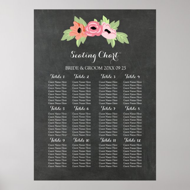 Poster Placa Sentada 12 Mesa 96 Guest Chalkboard Floral (Frente)