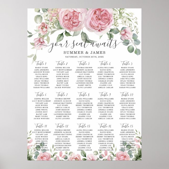 Poster Placa Sentada de Casamento de Flores de Blush Cor- (Frente)